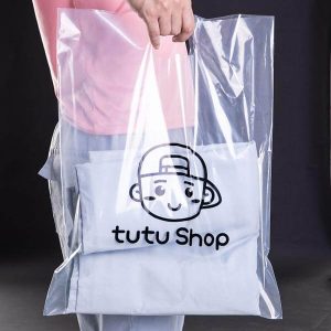 biodegradable single layer portable custom logo print transparent package shipping die cut plastic tote carry shopping bag 1