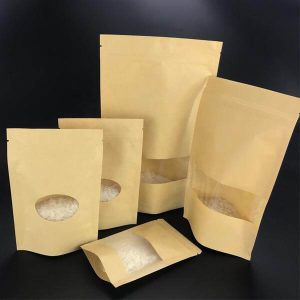 custom logo printing clear window stand up reseabale zipper beef jerky candy brown paper bag 1