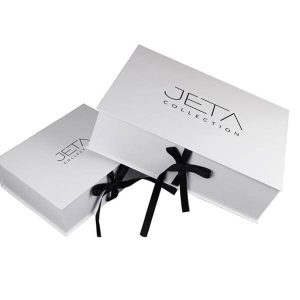 benutzerdefinierte Luxus weiß Magnet Klappe Kleidung Papier Box faltbar Magnetverschluss Geschenk-Boxen mit schwarzem Band 1