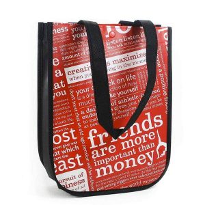red with graphic print small reusable tote carryall gym laminated non woven bag 1