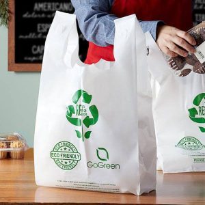 hulgimüük keskkonnasõbralik kohandatud trükitud 100% biolagunev jätkusuutlik maisitärklise baasil t-särk plastikust kompostitav ostukott 3