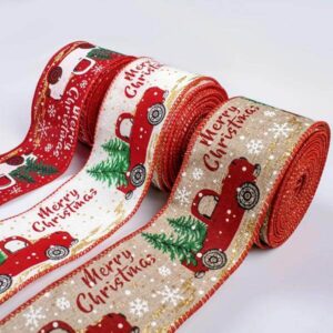 custom printed christmas wired ribbon 63mm burlap christmas tree linen wired edge ribbons for holiday decoration 1