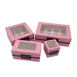 custom recyclable art paper pink bakery cookie cupcakes pastry box packaging with pvc window 1