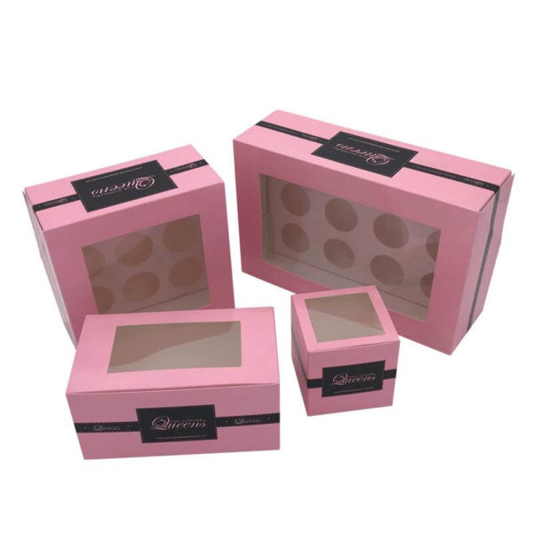 custom recyclable art paper pink bakery cookie cupcakes pastry box packaging with pvc window 2