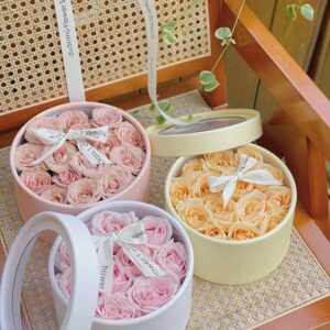 transparent painting separate closure lid round cylinder rigid ribbon flower bouquet wedding gift paper box with pvc windows 1