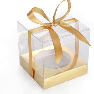 clear square plastic candle box with gold base ,pvc pet party favor packaging transparent dessert gift box with ribbon 1