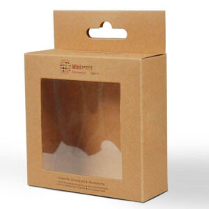 free sample hot selling eco friendly brown kraft paper packaging hanger folding box with pvc window 1