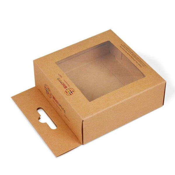 free sample hot selling eco friendly brown kraft paper packaging hanger folding box with pvc window 4