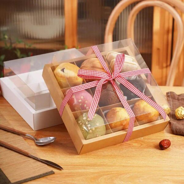 9 compartiments 10 inch 11.5 inch square cake cupcake bread doughnut fruit gift white kraft cookie bakery box with clear lid