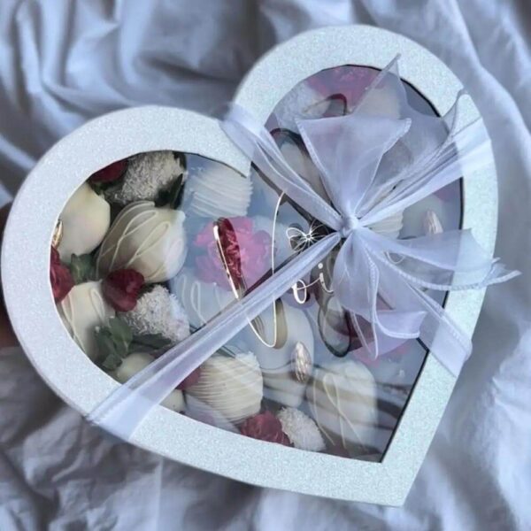 big cardboard charcuterie sweet treat chocolate strawberry heart shaped gift box with clear window 4