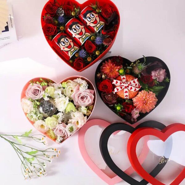 valentine's day heart set 2 transparent window flower gift box with stamping love rose fruit bouquet wrapping box 3