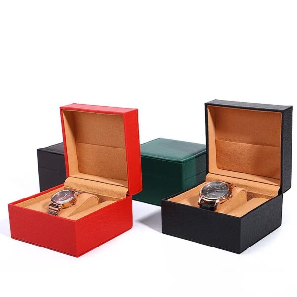 custom logo smart watch gift box luxury pu leather and white wire sewing watch packing box high end square single watch case 1