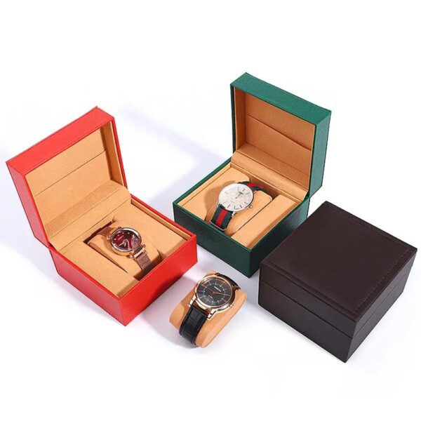 custom logo smart watch gift box luxury pu leather and white wire sewing watch packing box high end square single watch case 2