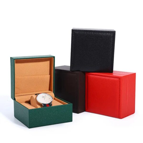 custom logo smart watch gift box luxury pu leather and white wire sewing watch packing box high end square single watch case 3