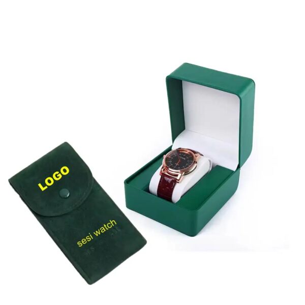 luxury jewelry custom logo watch box for luxury packaging green pu leather single watch box case with pouch 2