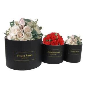 anpassad lyxblommor bevara röda rosor blommor förpackning svart rund låda fyrkantig rör blommig förpackning 1