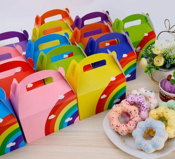 colori assortiti arcobaleno gable box scatola di carta portatile pieghevole biscotto caramella formaggio torta scatola con maniglia 3