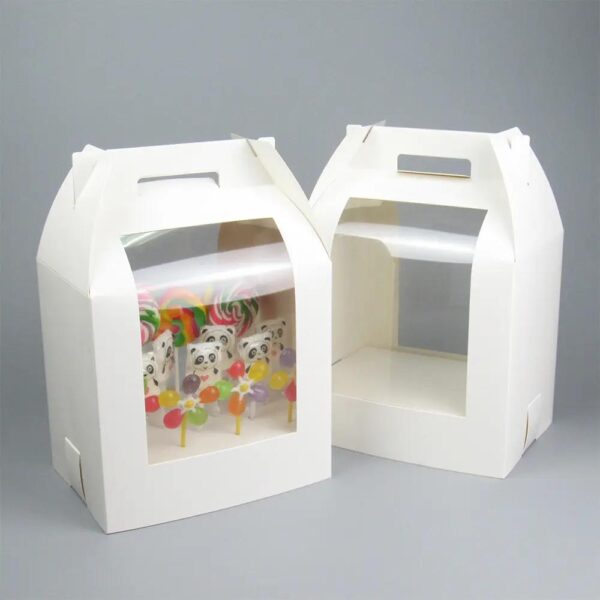 handle flower carry carton with clear window children gift package gable white paper candy lollipop display box with holder 2