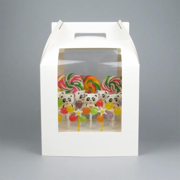 handle flower carry carton with clear window children gift package gable white paper candy lollipop display box with holder 3