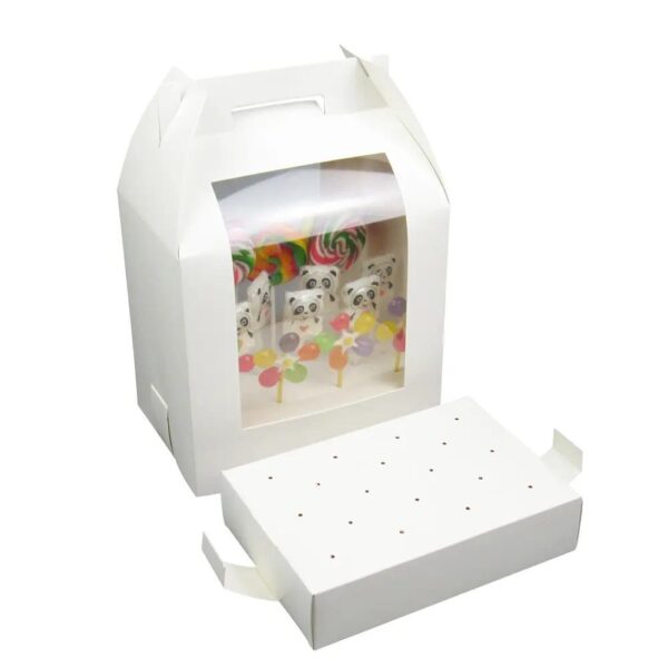 handle flower carry carton with clear window children gift package gable white paper candy lollipop display box with holder 4