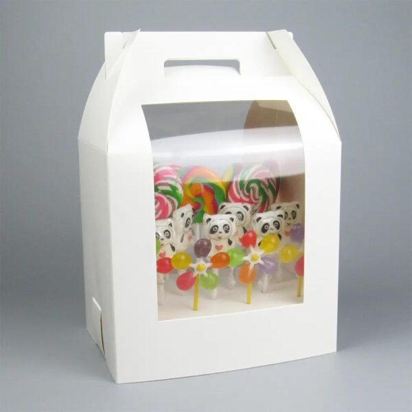 handle flower carry carton with clear window children gift package gable white paper candy lollipop display box with holder 5