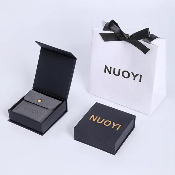 gold foil white kraft paper cardboard necklace magnetic jewelry box with foam ribbon simple black jewelry set boxes for bracelet 2