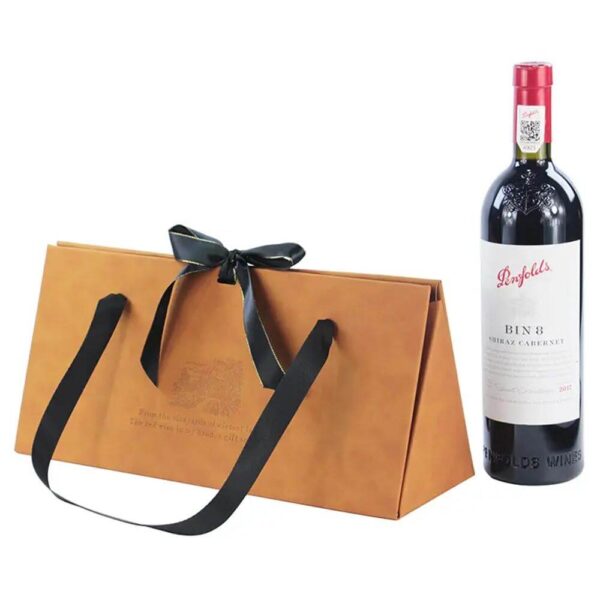 custom luxury pu leather wine packaging folding gift box with ribbon handle 2