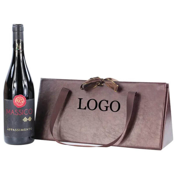 custom luxury pu leather wine packaging folding gift box with ribbon handle 3