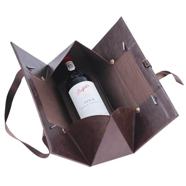 custom luxury pu leather wine packaging folding gift box with ribbon handle 4