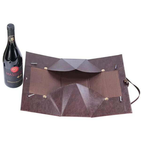 custom luxury pu leather wine packaging folding gift box with ribbon handle 5